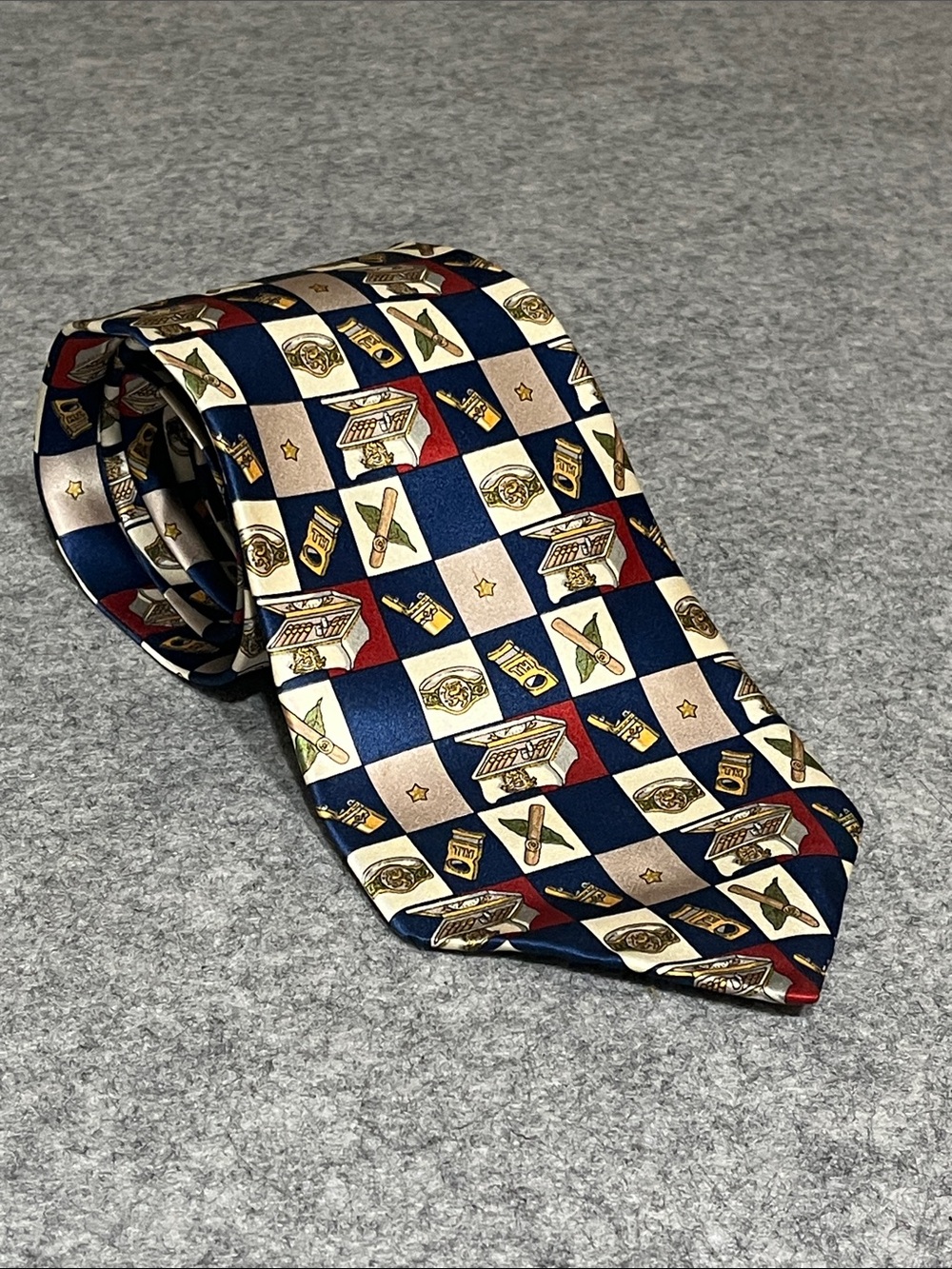 Vintage Cigar Themed Blue and Beige Silk Tie